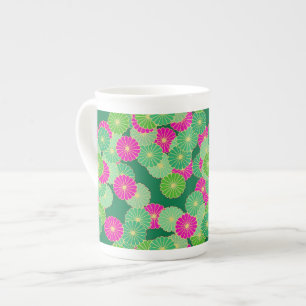 Art Deco flower pattern - shades of green, fuchsia Bone China Mug