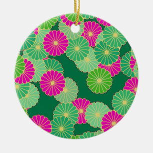 Art Deco flower pattern - shades of green, fuchsia Ceramic Ornament