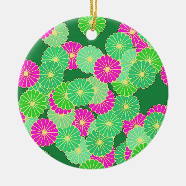 Art Deco flower pattern - shades of green, fuchsia Ceramic Ornament (Front)