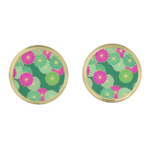 Art Deco flower pattern - shades of green, fuchsia Cufflinks