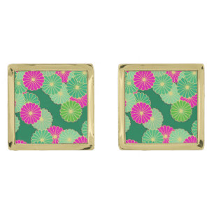 Art Deco flower pattern - shades of green, fuchsia Cufflinks