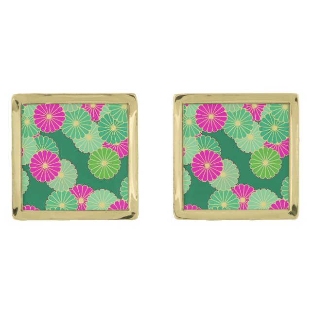 Art Deco flower pattern - shades of green, fuchsia Cufflinks (Front)