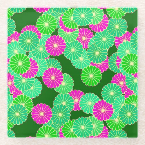 Art Deco flower pattern _ shades of green fuchsia Glass Coaster