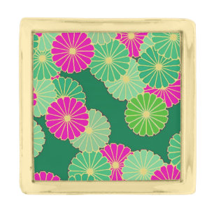 Art Deco flower pattern - shades of green, fuchsia Gold Finish Lapel Pin
