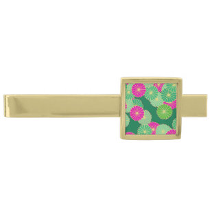 Art Deco flower pattern - shades of green, fuchsia Gold Finish Tie Bar