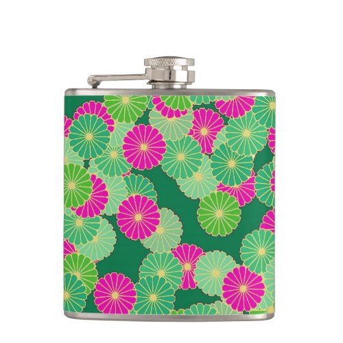 Art Deco flower pattern _ shades of green fuchsia Hip Flask