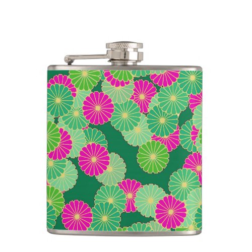 Art Deco flower pattern _ shades of green fuchsia Hip Flask