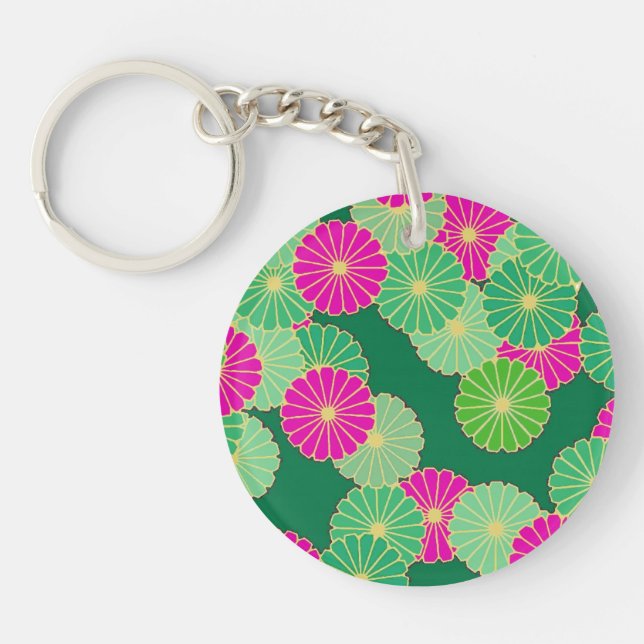 Art Deco flower pattern - shades of green, fuchsia Keychain (Front)