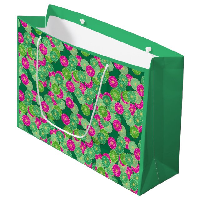 Art Deco flower pattern - shades of green, fuchsia Large Gift Bag (Front Angled)