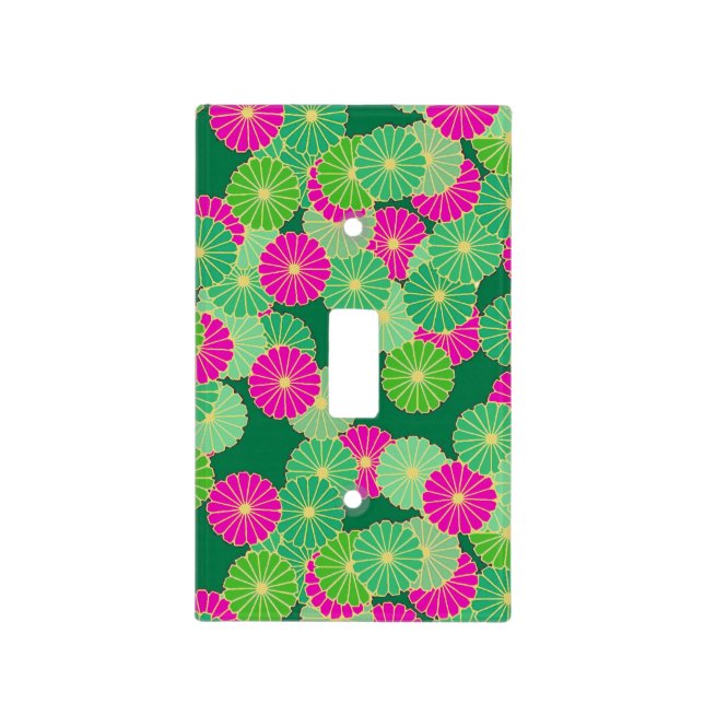 Art Deco flower pattern - shades of green, fuchsia Light Switch Cover (Front)