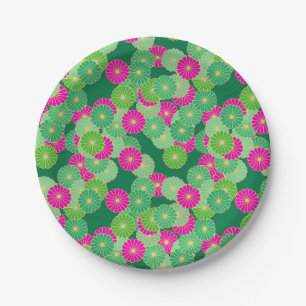 Art Deco flower pattern - shades of green, fuchsia Paper Plates