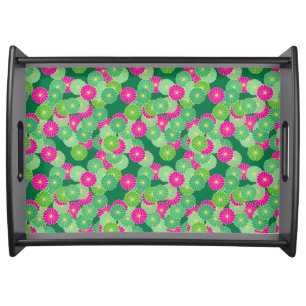 Art Deco flower pattern - shades of green, fuchsia Serving Tray