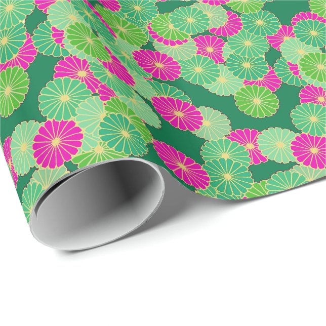 Art Deco flower pattern - shades of green, fuchsia Wrapping Paper (Roll Corner)