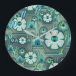 Art deco flower pattern vintage floral geometric large clock<br><div class="desc">Art deco floral vintage pattern with flowers and geometric metallic look 1920's design . In colors of turquoise,  green,  blue and white.</div>