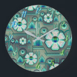 Art deco flower pattern vintage floral geometric large clock<br><div class="desc">Art deco floral vintage pattern with flowers and geometric metallic look 1920's design . In colors of turquoise,  green,  blue and white.</div>
