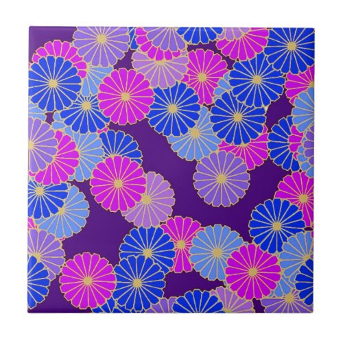 Art Deco flower pattern _ violet blue and purple Ceramic Tile