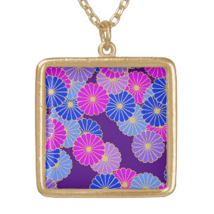 Art Deco flower pattern - violet, blue and purple Gold Plated Necklace