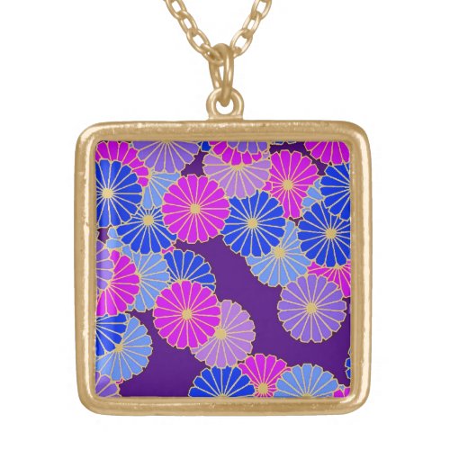 Art Deco flower pattern _ violet blue and purple Gold Plated Necklace