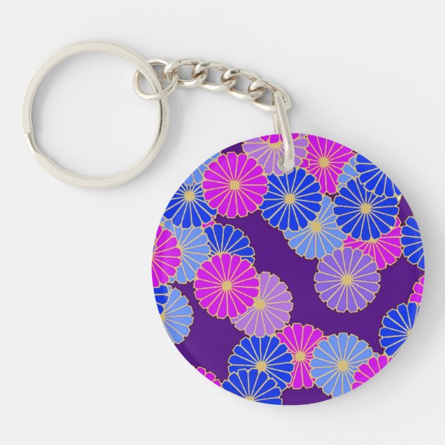 Art Deco flower pattern - violet, blue and purple Keychain (Front)