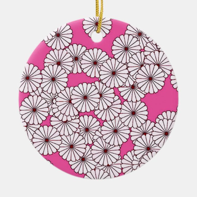 Art Deco flower pattern - white on deep pink Ceramic Ornament (Front)