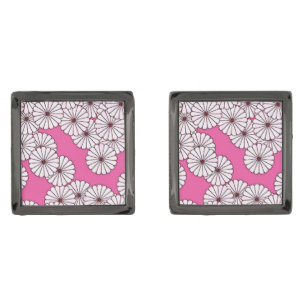 Art Deco flower pattern - white on pink Gunmetal Finish Cufflinks