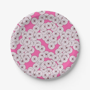 Art Deco flower pattern - white on pink Paper Plates