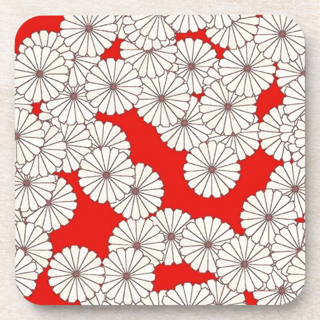 Art Deco flower pattern - white on red Beverage Coaster (Front)