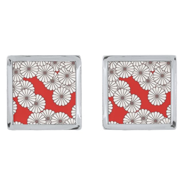 Art Deco flower pattern - white on red Cufflinks (Front)