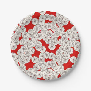 Art Deco flower pattern - white on red Paper Plates