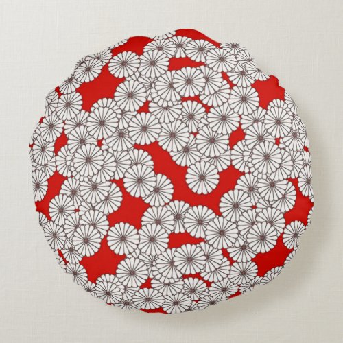 Art Deco flower pattern _ white on red Round Pillow