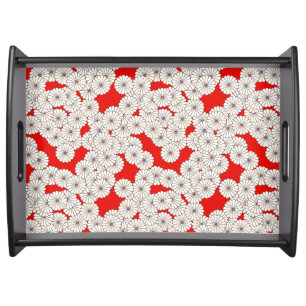 Art Deco flower pattern - white on red Serving Tray