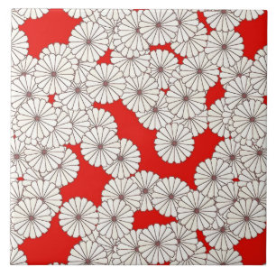 Art Deco flower pattern - white on red Tile