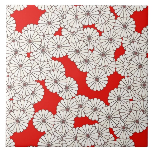 Art Deco flower pattern - white on red Tile (Front)