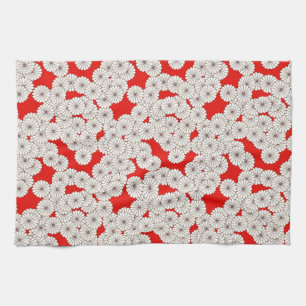 Art Deco flower pattern - white on red Towel