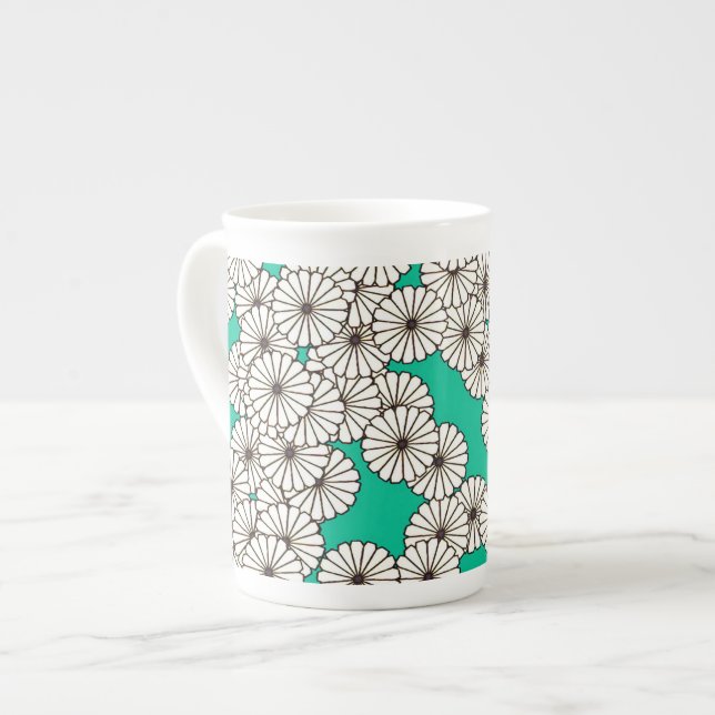 Art Deco flower pattern - white on turquoise Bone China Mug (Front Left)
