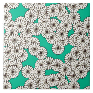 Art Deco flower pattern - white on turquoise Ceramic Tile