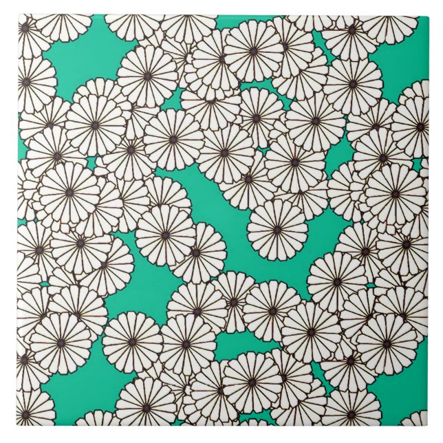 Art Deco flower pattern - white on turquoise Ceramic Tile (Front)