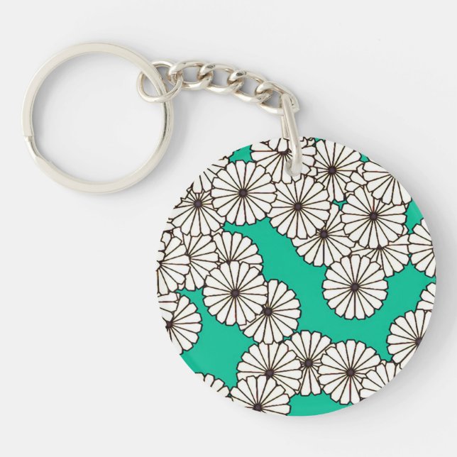 Art Deco flower pattern - white on turquoise Keychain (Front)