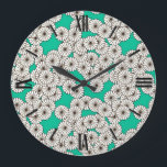 Art Deco flower pattern - white on turquoise Large Clock<br><div class="desc">An Art Deco pattern based on a traditional,  stylized chrysanthemum pattern used in Japanese textiles,  in white outlined in dark chocolate,  with a rich turquoise / peacock background</div>