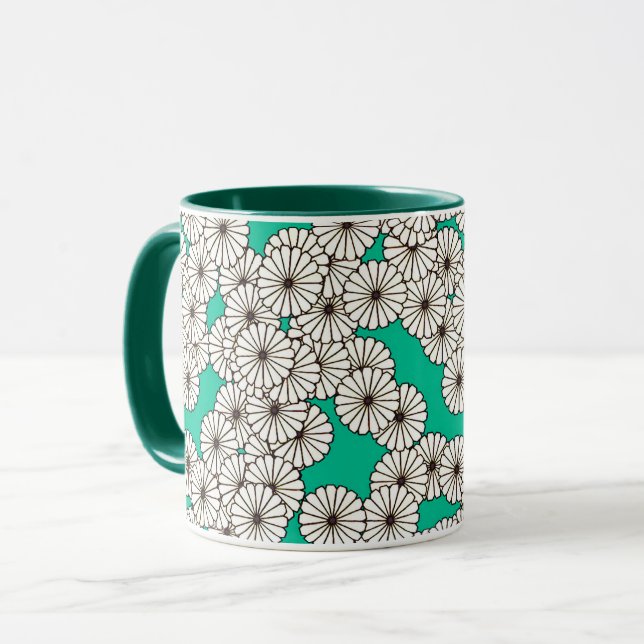 Art Deco flower pattern - white on turquoise Mug (Front Left)