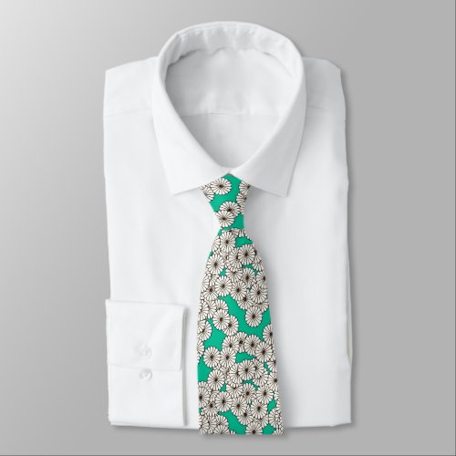 Art Deco flower pattern _ white on turquoise Neck Tie