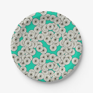 Art Deco flower pattern - white on turquoise Paper Plates