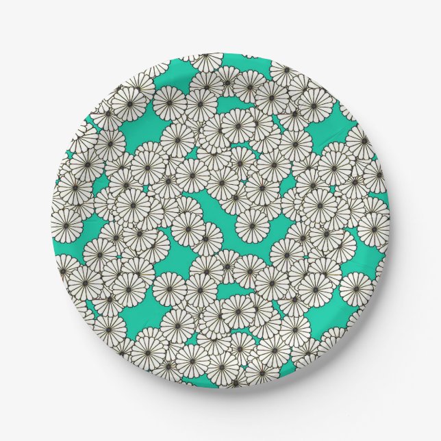 Art Deco flower pattern - white on turquoise Paper Plates (Front)