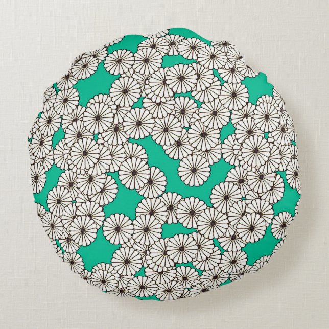 Art Deco flower pattern - white on turquoise Round Pillow (Back)