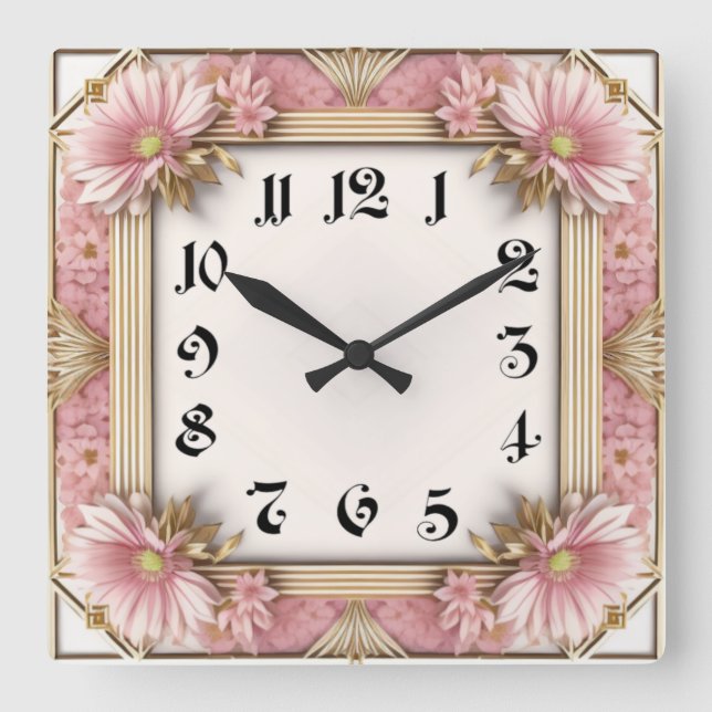 Art Deco Flower Pink Square Wall Clock (Front)