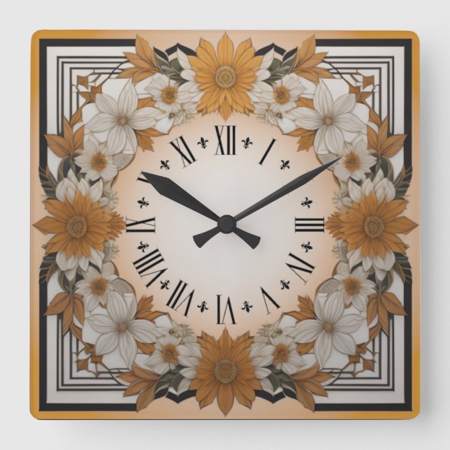 Art Deco flower Square Wall Clock (Front)
