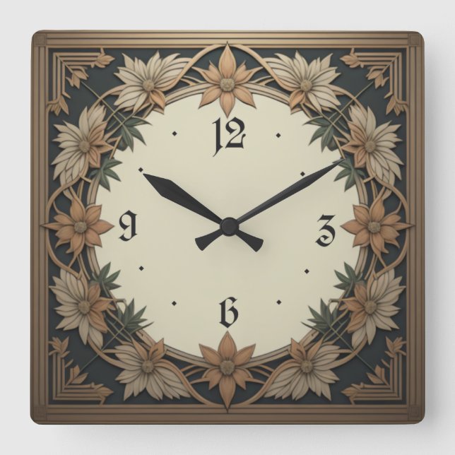 Art Deco Flower Square Wall Clock (Front)