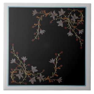 Art Deco Flowers On Black Ceramic Tile