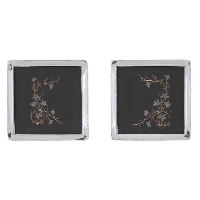 Art Deco Flowers On Black Cufflinks (Front)