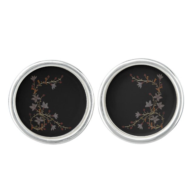 Art Deco Flowers On Black Cufflinks (Front)